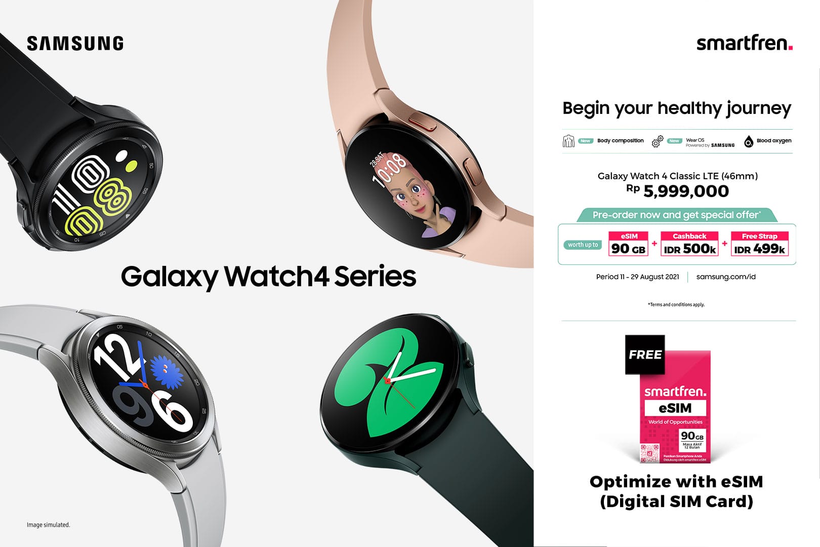 Eksklusif Smartfren eSIM 90 GB untuk digunakan di Samsung Galaxy Watch4 LTE Eksklusif Smartfren eSIM untuk Samsung Galaxy Watch4 Classic LTE